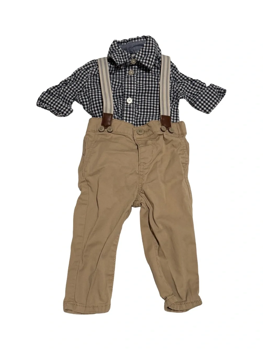 OshKosh B'gosh Black Gingham Shirt with Tan Suspender Pants